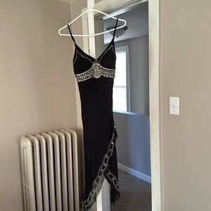 Black spaghetti strap sexy evening dress.